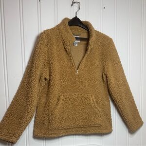 Sabrina LaurenTan Teddy Pullover Fleece Jacket zipper and front pocket
